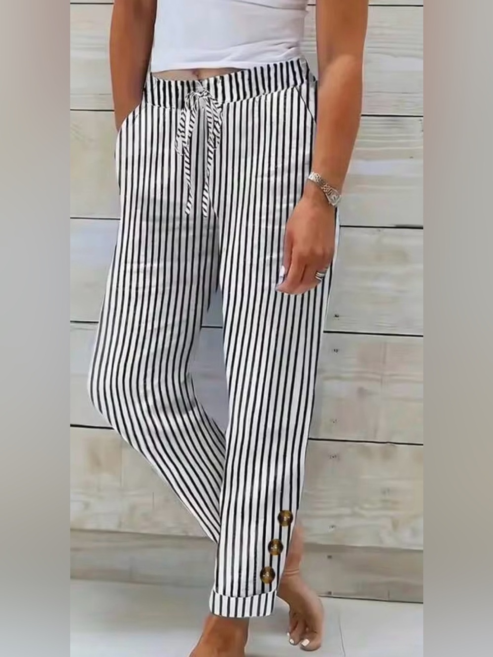 NEW SHEIN Aurora Silk Black & White Vertical Stripe Straight Drawstring Pants